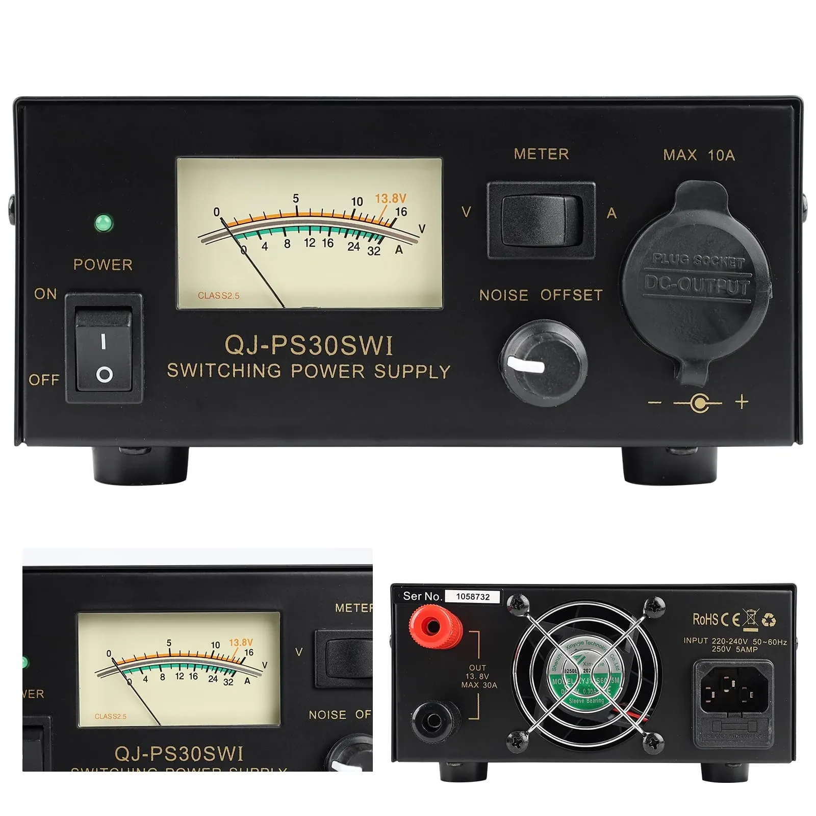 Jaogau 13.8V 30A bench power supply on a UK ham radio shack workbench