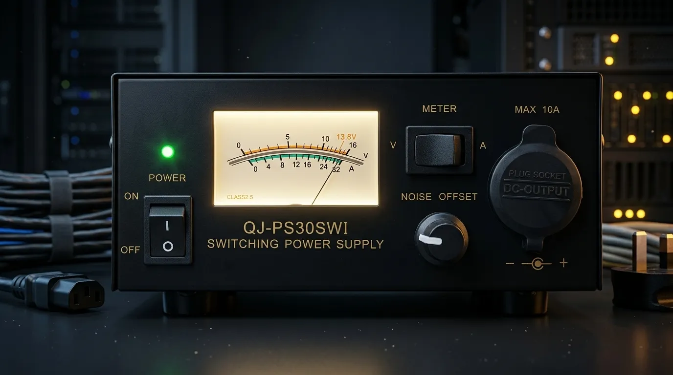 A bench power supply set to the 13.8V standard for radio equipment testing.