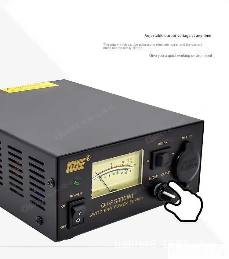 Technical specifications infographic for 13.8V 30A bench power supply
